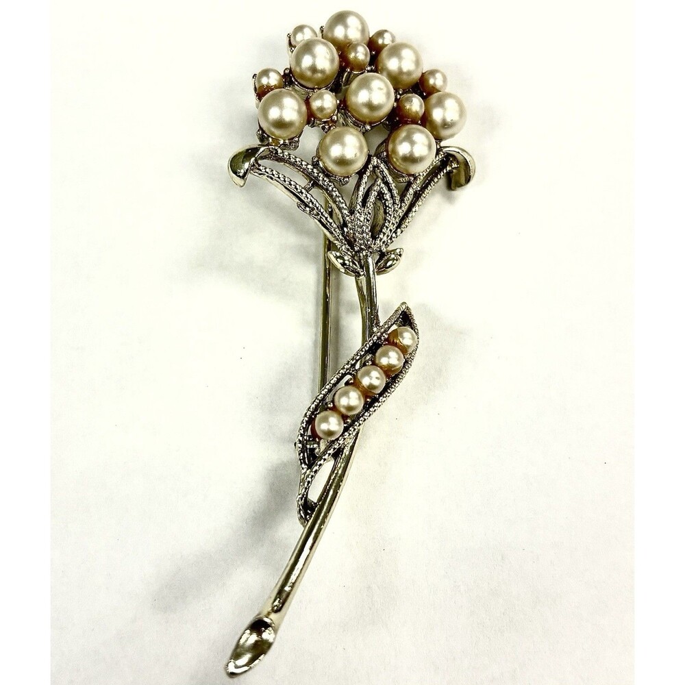 Signed Coro Vintage Gold Tone Pearl Cluster Flower Brooch Pin Mid Century 3.5”